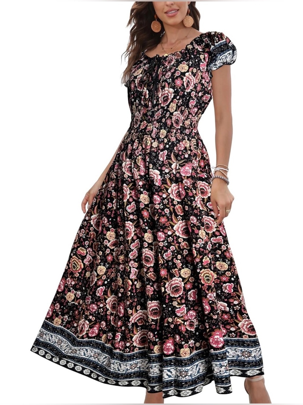 Feminine Boho pink floral border print cottagecore summer maxi dress size XL - Picture 2 of 5